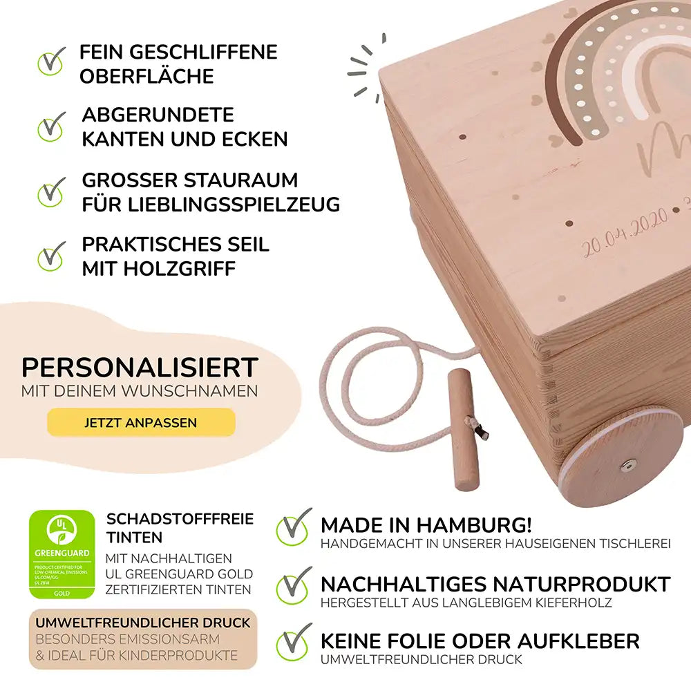 Spielzeugkiste mit Rädern personalisiert - Beige Regenbogen