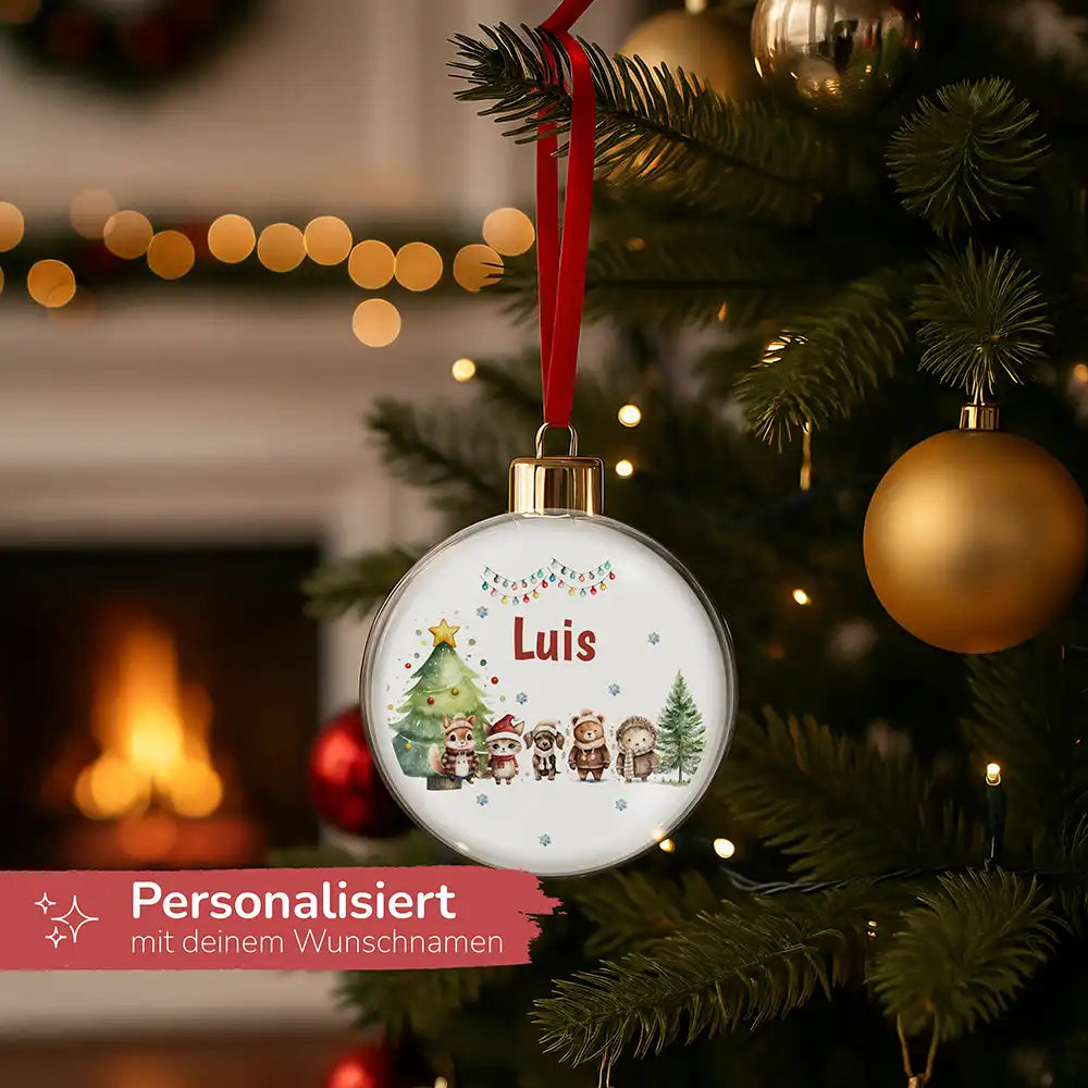 Weihnachtskugel personalisiert mit Namen - Zarte Waldfreunde mit Winterzauber