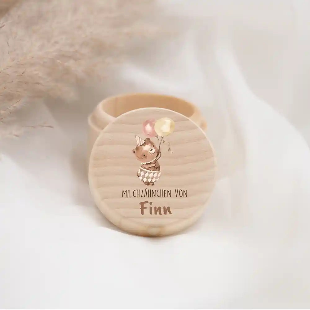 Zahndose Milchzähne personalisiert - Holz Zahnbox mit Wunschnamen - Bär mit Ballon