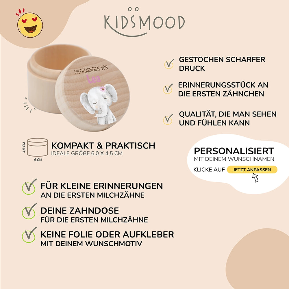Milchzahndose personalisiert - Mädchen Elefant Motiv