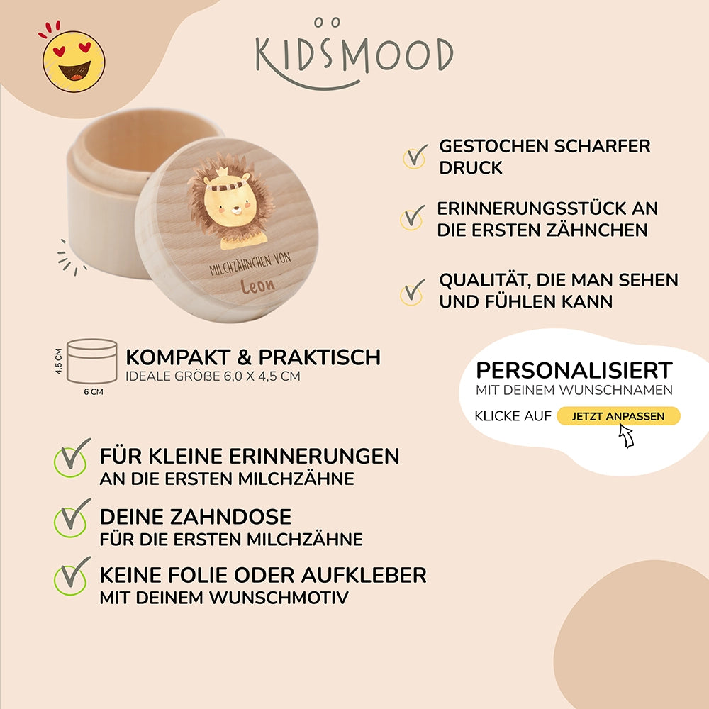 Zahndose Milchzähne personalisiert - Löwe Motiv