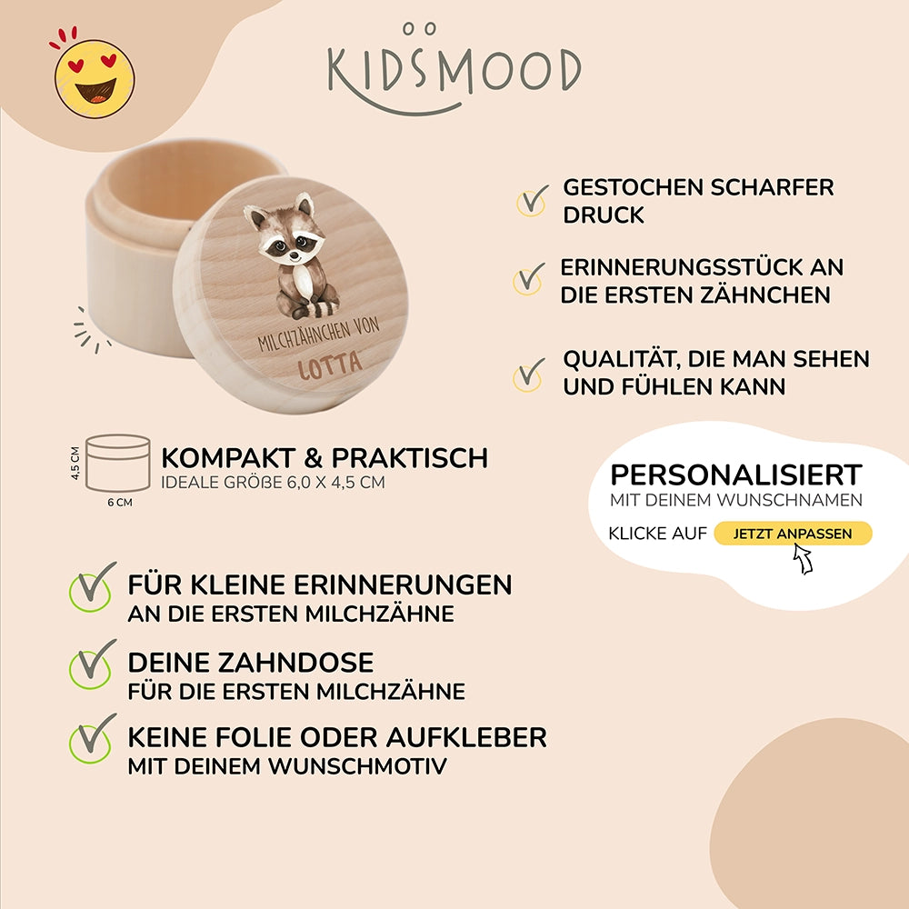 Zahndose Milchzähne personalisiert - Holz Zahnbox mit Wunschnamen - Waschbär