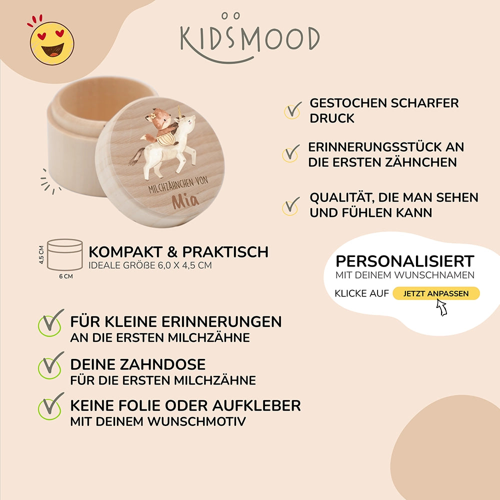 Zahndose Milchzähne personalisiert - Holz Zahnbox mit Wunschnamen - Fuchs auf Einhorn