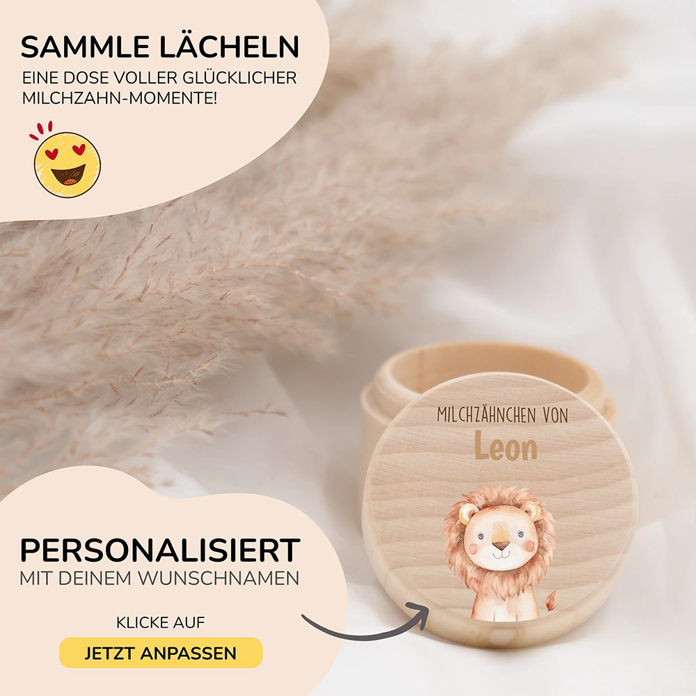 Zahndose Milchzähne personalisiert - Löwe Motiv