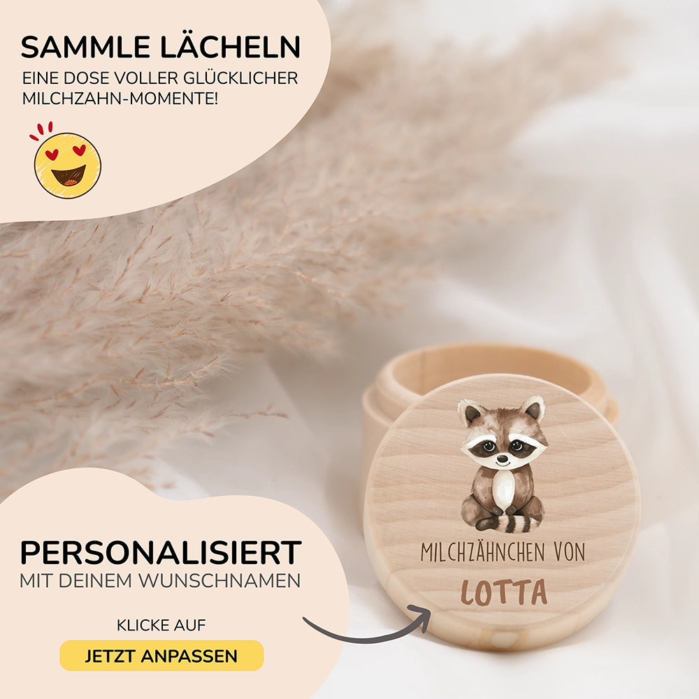 Zahndose Milchzähne personalisiert - Holz Zahnbox mit Wunschnamen - Waschbär