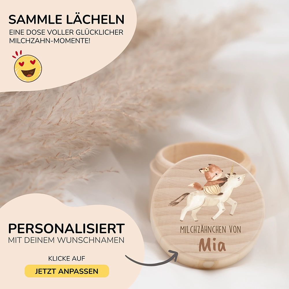 Zahndose Milchzähne personalisiert - Holz Zahnbox mit Wunschnamen - Fuchs auf Einhorn