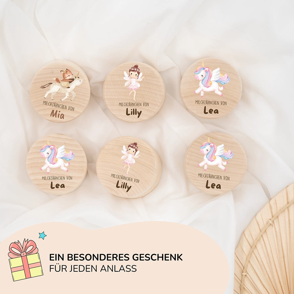 Zahndose Milchzähne personalisiert - Holz Zahnbox mit Wunschnamen - Fuchs auf Einhorn