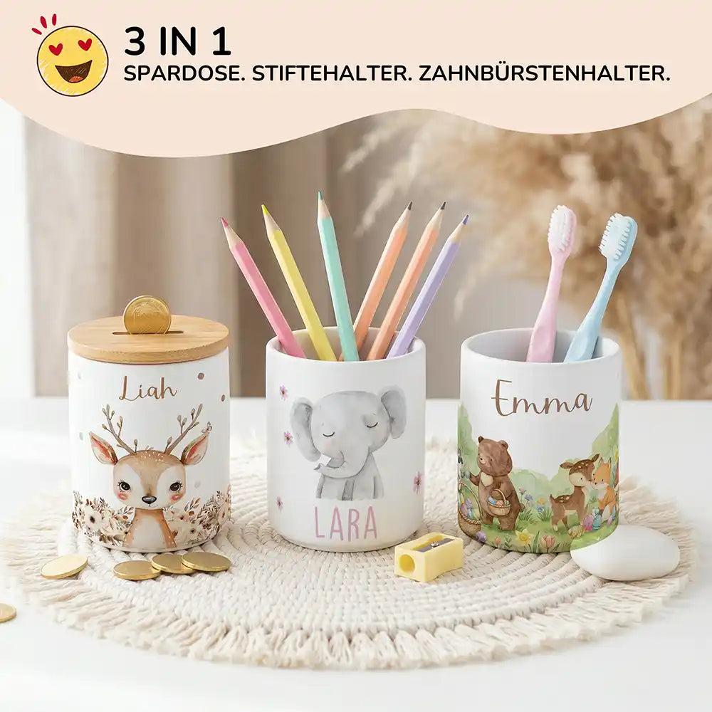 Personalisierte Spardose Elefant Blumen – Keramik & Bambus mit Wunschname
