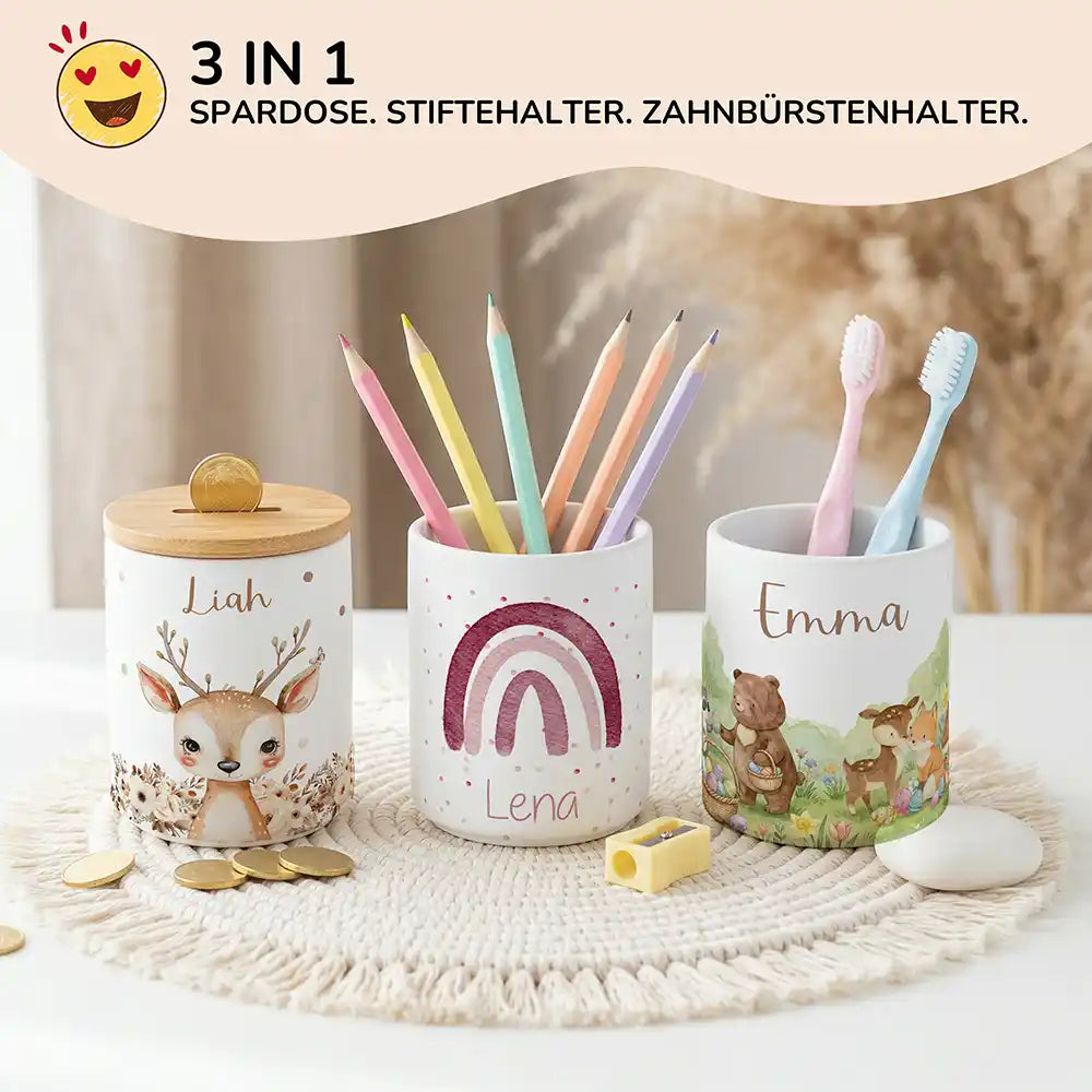 Personalisierte Spardose Regenbogen Rosa – Keramik & Bambus mit Wunschname
