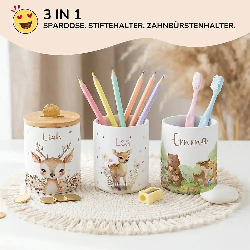 Personalisierte Spardose Rehkitz Blumenwiese – Keramik & Bambus mit Wunschname
