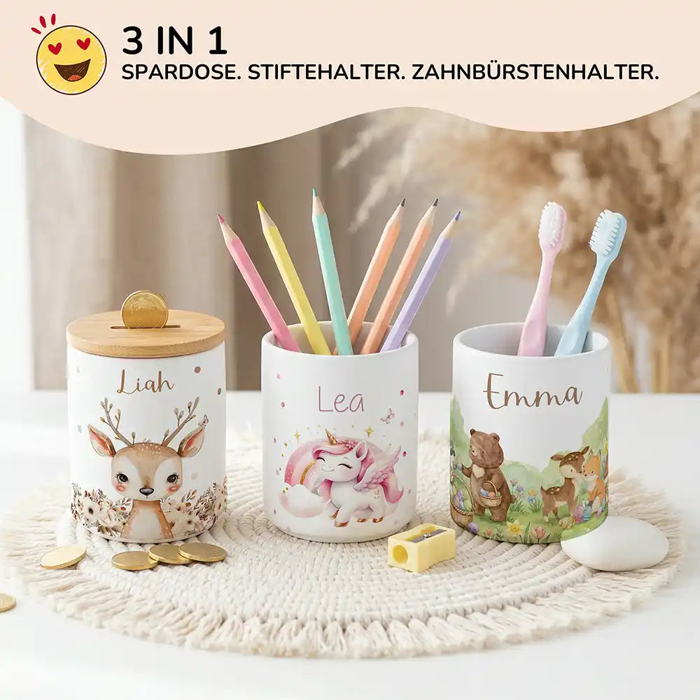 Personalisierte Spardose Einhorn Flügel – Keramik & Bambus mit Wunschname