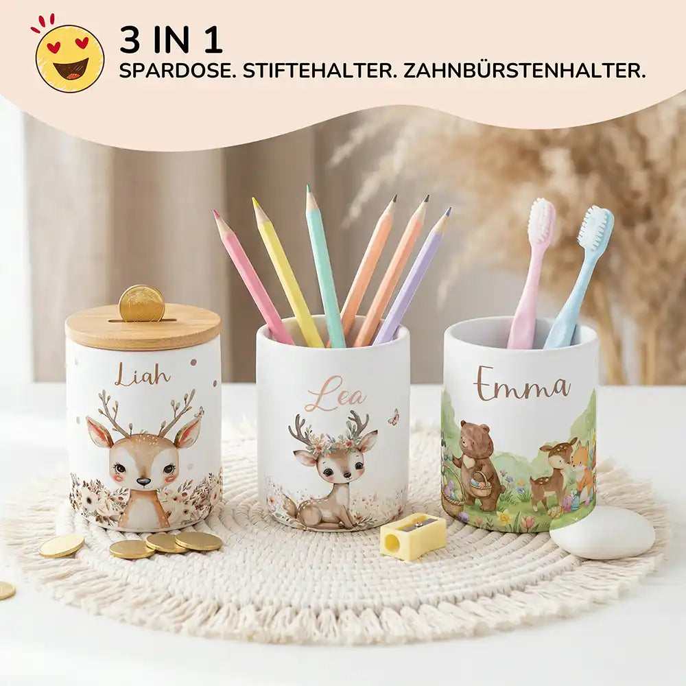 Personalisierte Spardose Reh Blumenkranz – Keramik & Bambus mit Wunschname