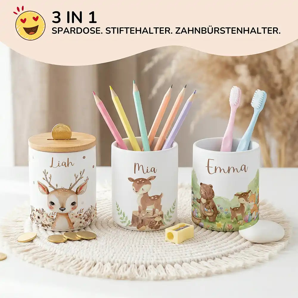 Personalisierte Spardose Rehkitz Wald – Keramik & Bambus mit Wunschname