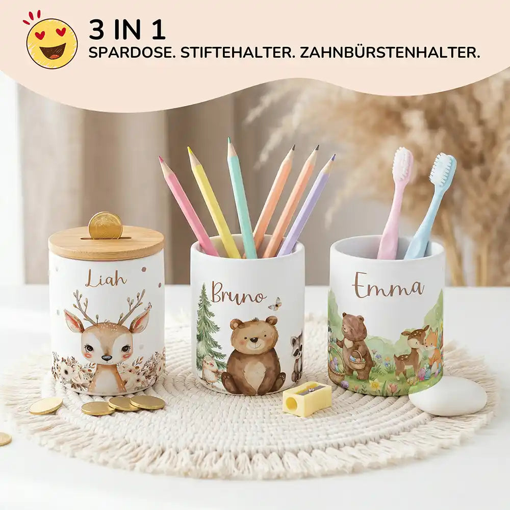 Personalisierte Spardose Bär & Waschbär – Keramik & Bambus mit Wunschname