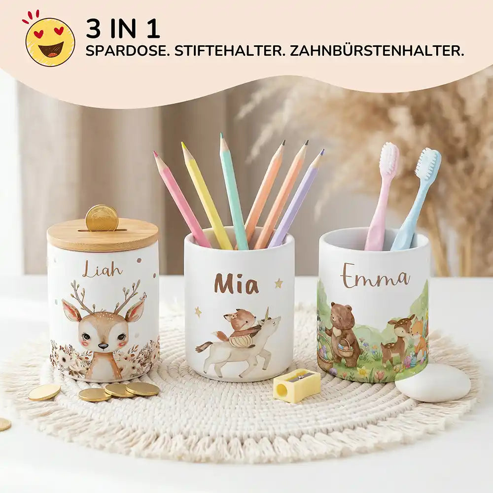 Personalisierte Spardose Fuchs & Einhorn – Keramik & Bambus mit Wunschname