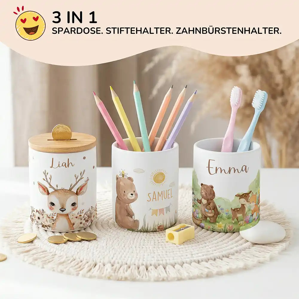 Personalisierte Spardose Bär Sommer – Keramik & Bambus mit Wunschname