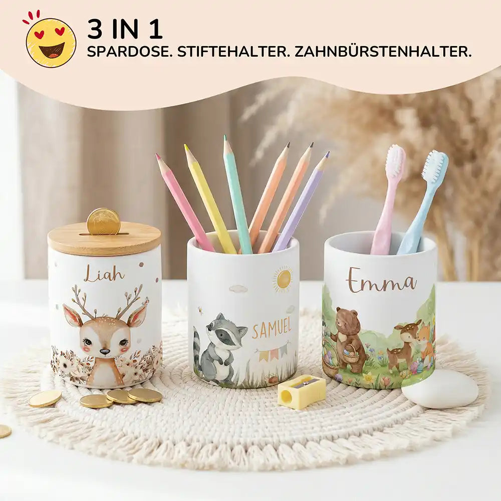 Personalisierte Spardose Waschbär Sommer – Keramik & Bambus mit Wunschname