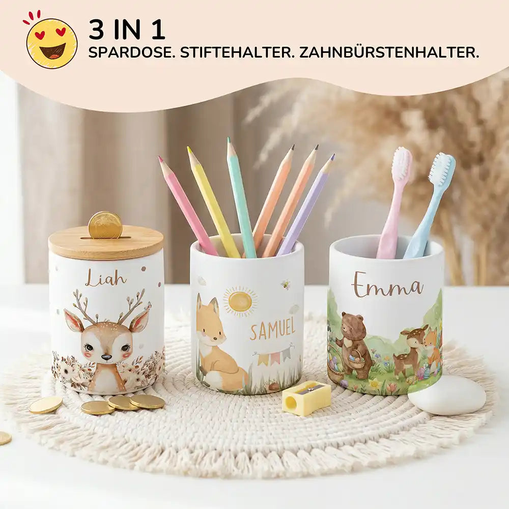 Personalisierte Spardose Fuchs Sommer – Keramik & Bambus mit Wunschname