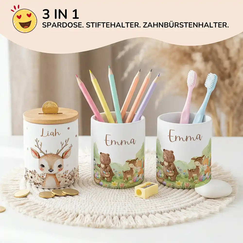 Personalisierte Spardose Ostern Bärenfamilie – Keramik & Bambus mit Wunschname