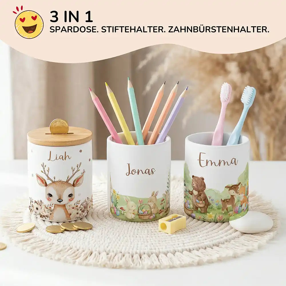 Personalisierte Spardose Ostern Frühlingswiese – Keramik & Bambus mit Wunschname