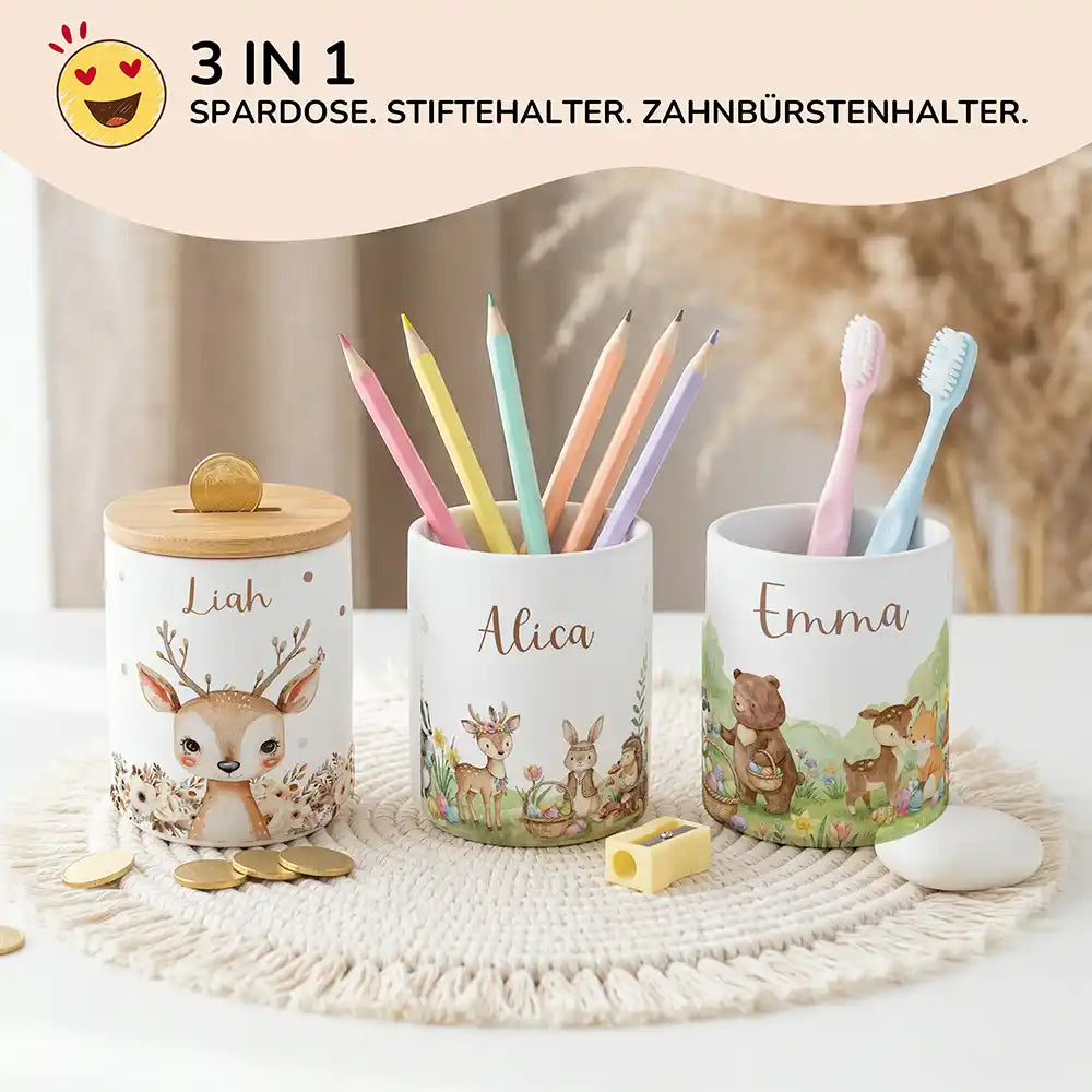 Personalisierte Spardose Ostern Waldtiere-Treff – Keramik & Bambus mit Wunschname