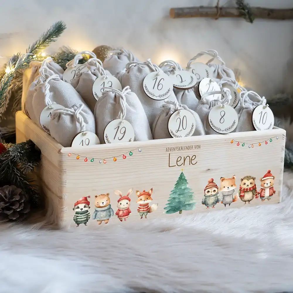 Adventskiste zum befüllen "Weihnachten mit Tieren und Lichterkette" personalisiert