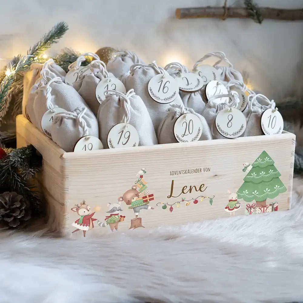 Adventskiste zum befüllen "Tiere und Weihnachtsbaum" personalisiert