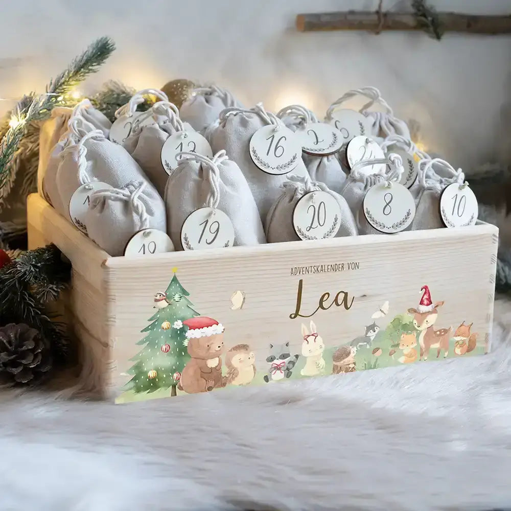 Adventskiste zum befüllen "Weihnachten mit winterlichen Tierfreunden" personalisiert
