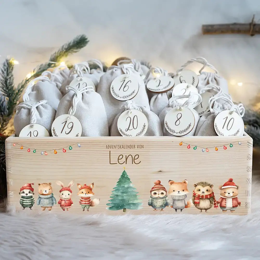 Adventskiste zum befüllen "Weihnachten mit Tieren und Lichterkette" personalisiert
