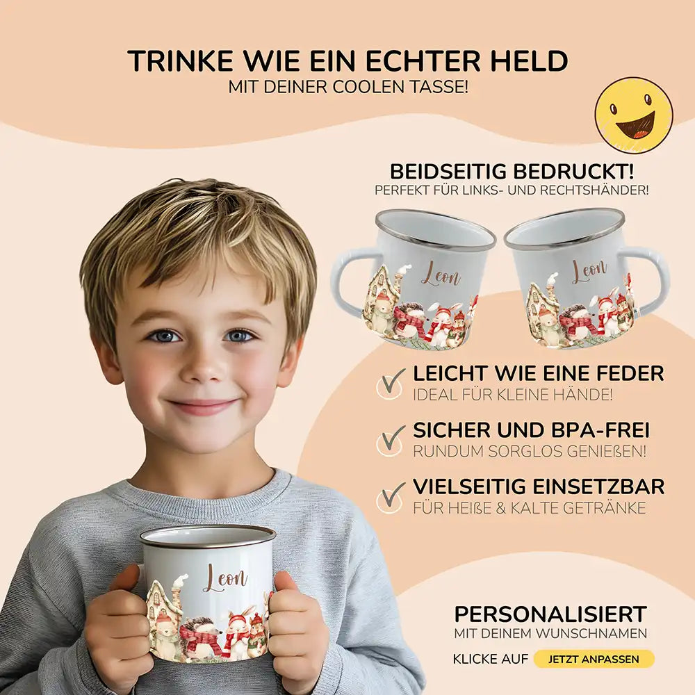 Emaille Tasse personalisiert Weihnachten - Tierfamilie Wald
