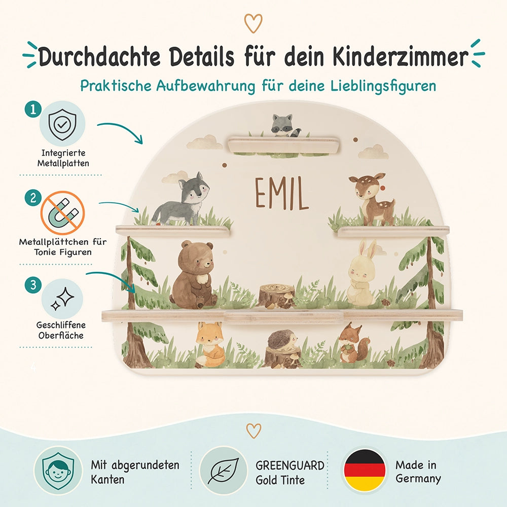 Tonie Regal aus Holz, Toniebox Regal personalisiert niedliche Waldtiere
