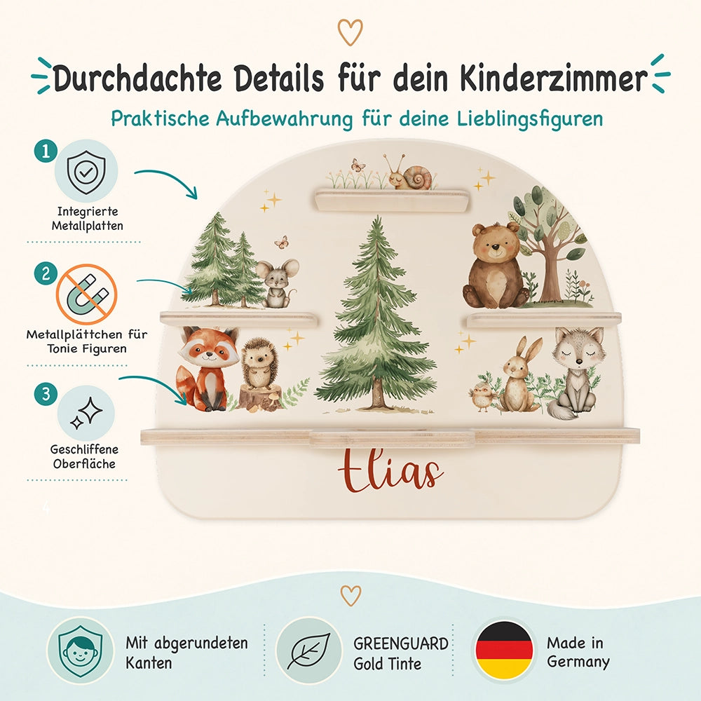 Tonie Regal aus Holz, Toniebox Regal personalisiert fröhliche Waldtiere