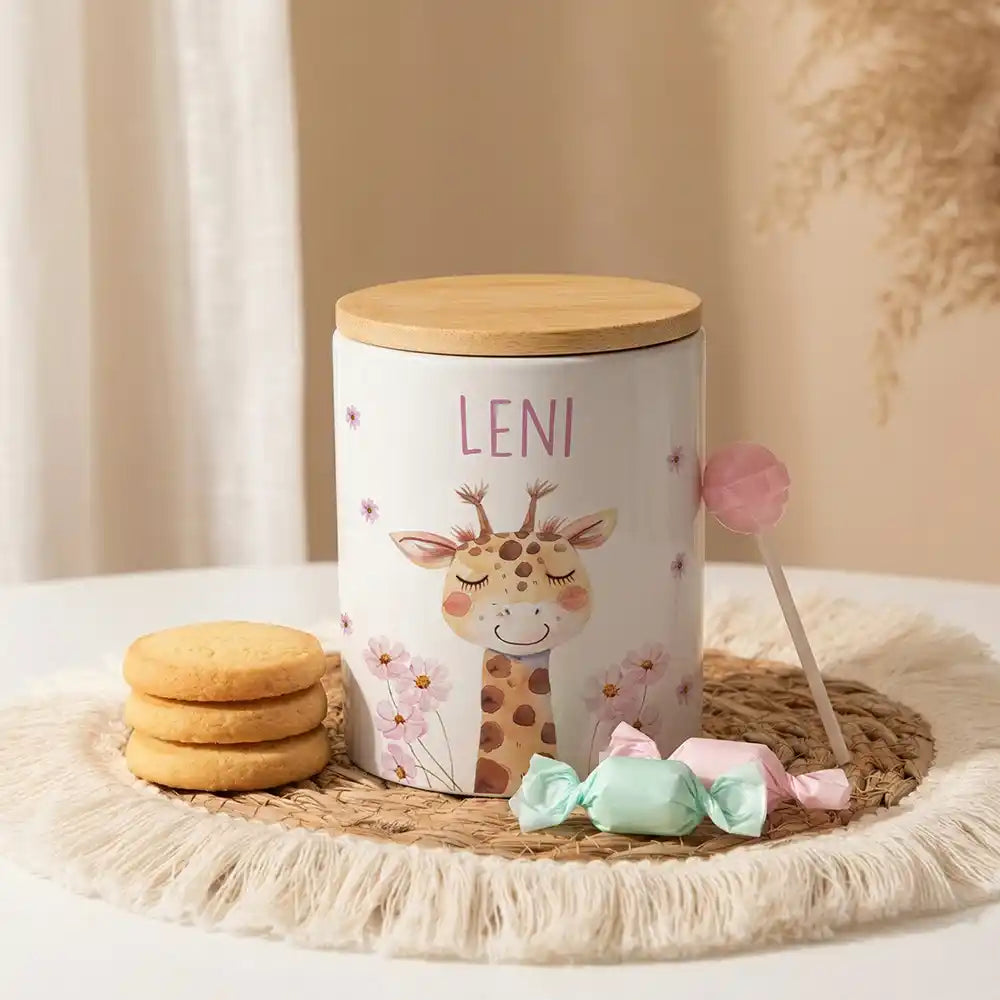 Personalisierte Keksdose Giraffe Blumen aus Keramik mit Bambusdeckel - Wunschname - kidsmuod.com