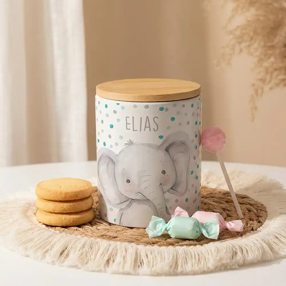 Personalisierte Keksdose Elefant Konfetti aus Keramik mit Bambusdeckel - Wunschname - kidsmuod.com