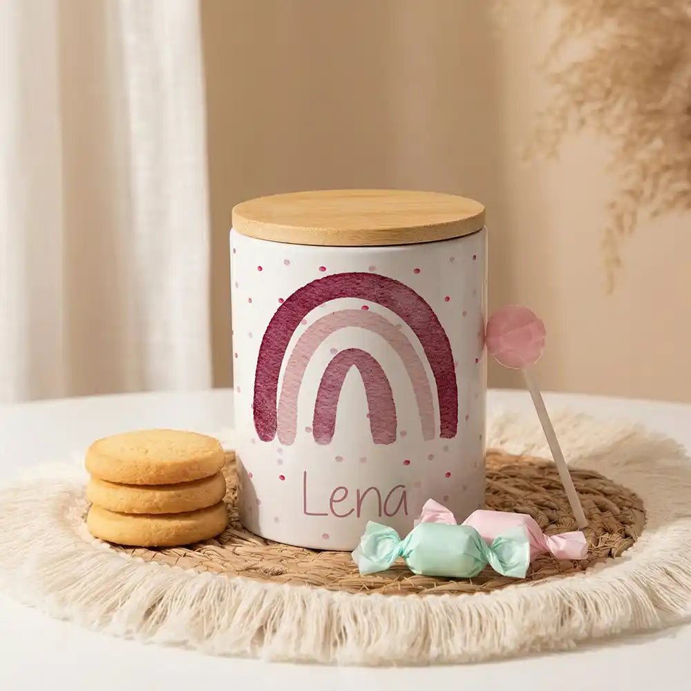 Personalisierte Keksdose Regenbogen Rosa aus Keramik mit Bambusdeckel - Wunschname - kidsmuod.com