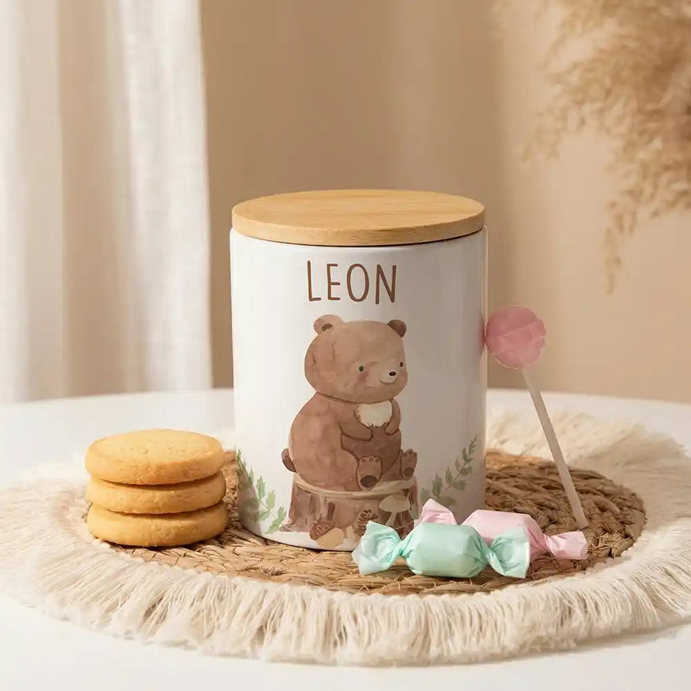 Personalisierte Keksdose Bär Wald aus Keramik mit Bambusdeckel - Wunschname - kidsmuod.com