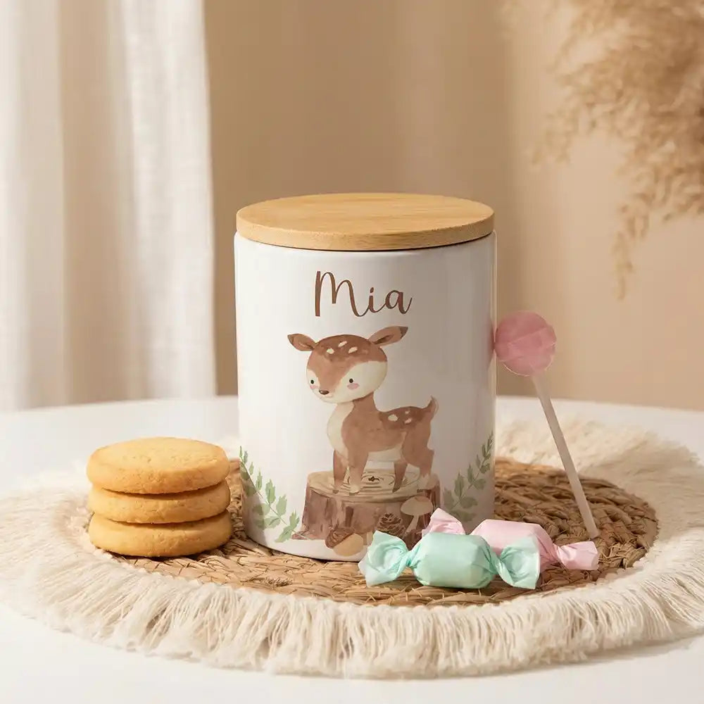 Personalisierte Keksdose Rehkitz Wald aus Keramik mit Bambusdeckel - Wunschname - kidsmuod.com