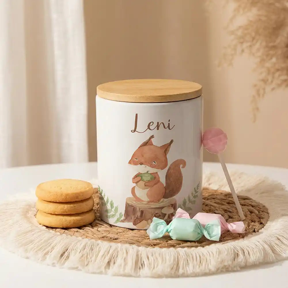 Personalisierte Keksdose Eichhörnchen aus Keramik mit Bambusdeckel - Wunschname - kidsmuod.com