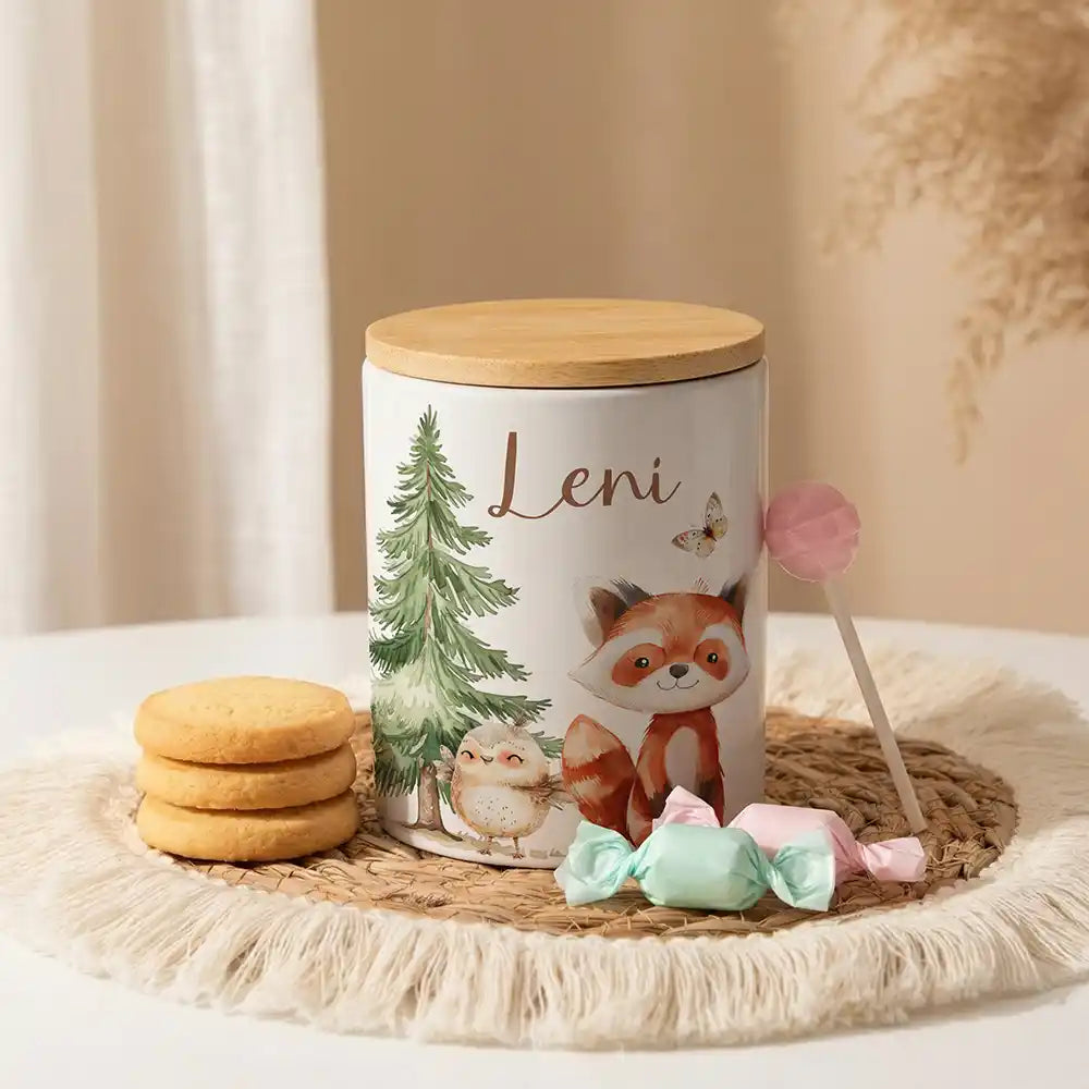 Personalisierte Keksdose Roter Panda & Eule aus Keramik mit Bambusdeckel - Wunschname - kidsmuod.com