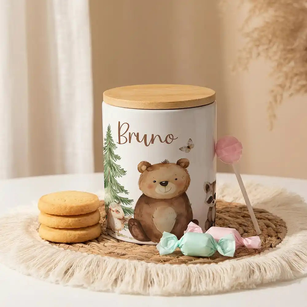 Personalisierte Keksdose Bär & Waschbär aus Keramik mit Bambusdeckel - Wunschname - kidsmuod.com