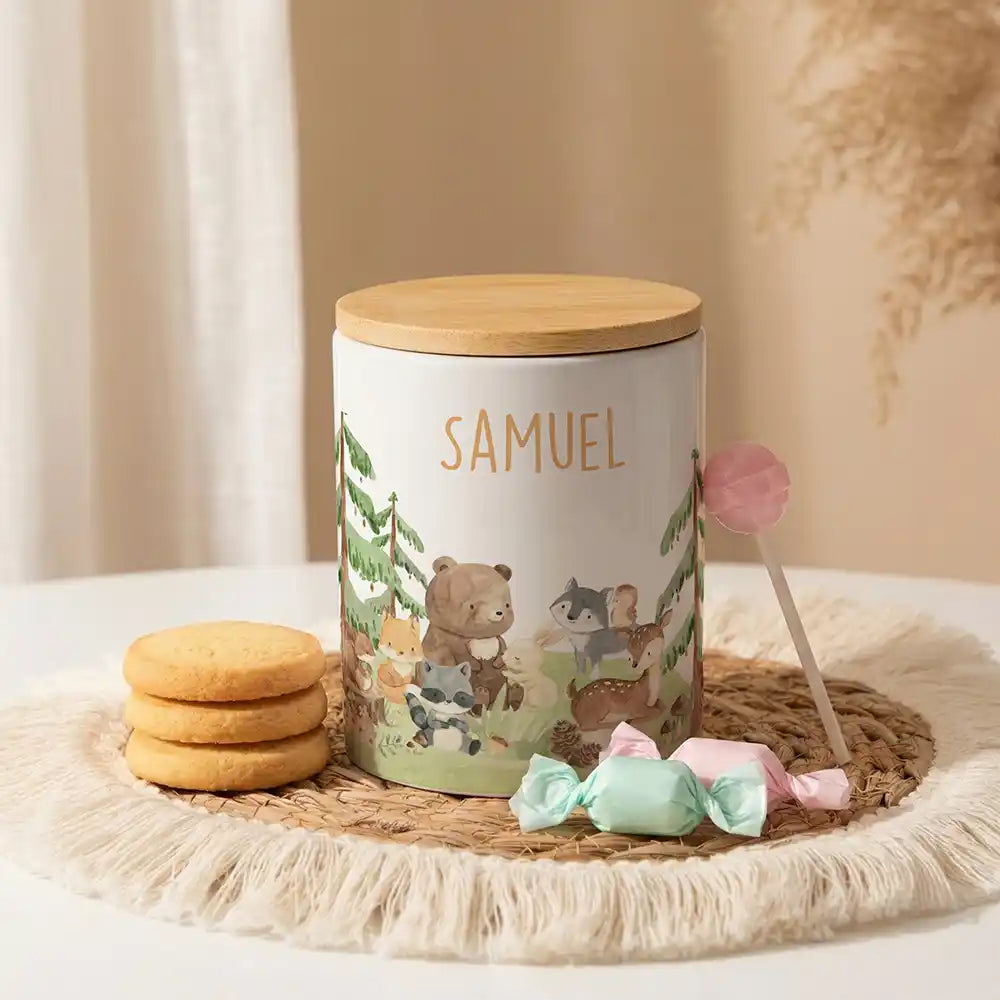 Personalisierte Keksdose Waldfreunde II aus Keramik mit Bambusdeckel - Wunschname - kidsmuod.com