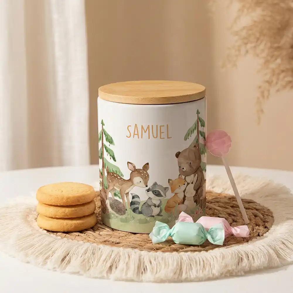 Personalisierte Keksdose Waldfreunde III aus Keramik mit Bambusdeckel - Wunschname - kidsmuod.com