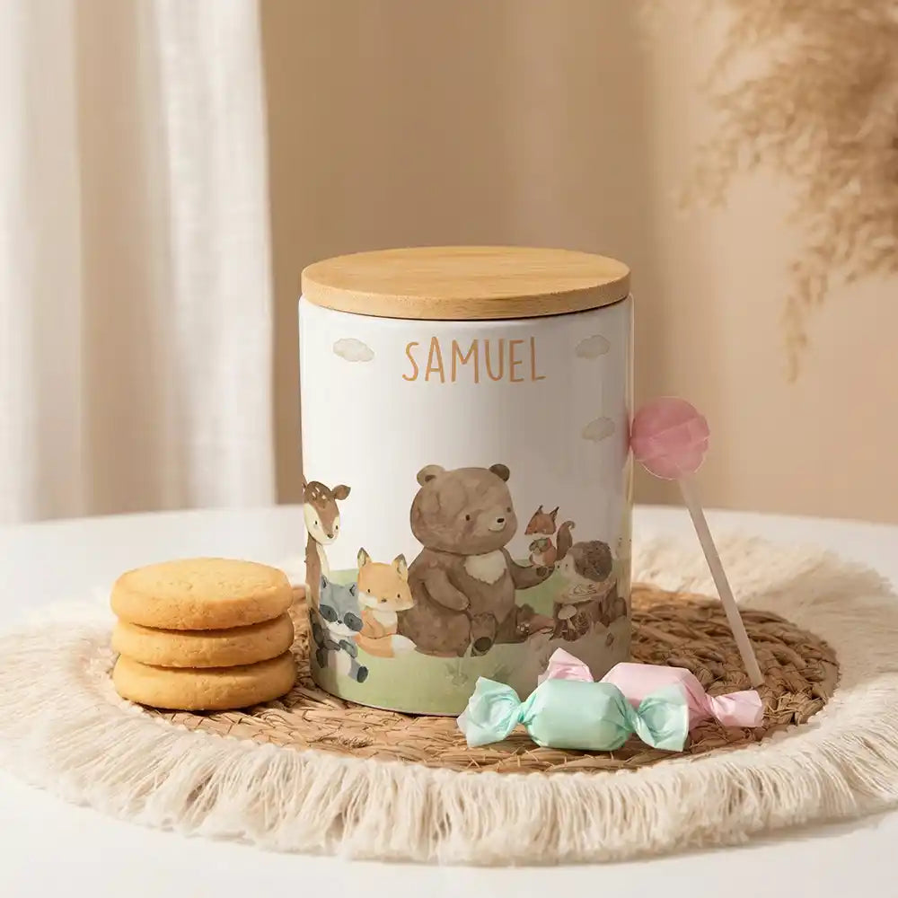 Personalisierte Keksdose Waldfreunde IV aus Keramik mit Bambusdeckel - Wunschname - kidsmuod.com