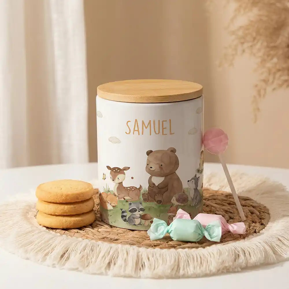 Personalisierte Keksdose Waldfreunde VI aus Keramik mit Bambusdeckel - Wunschname - kidsmuod.com