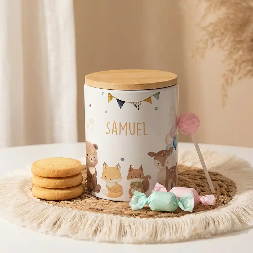 Personalisierte Keksdose Waldtiere Party aus Keramik mit Bambusdeckel - Wunschname - kidsmuod.com