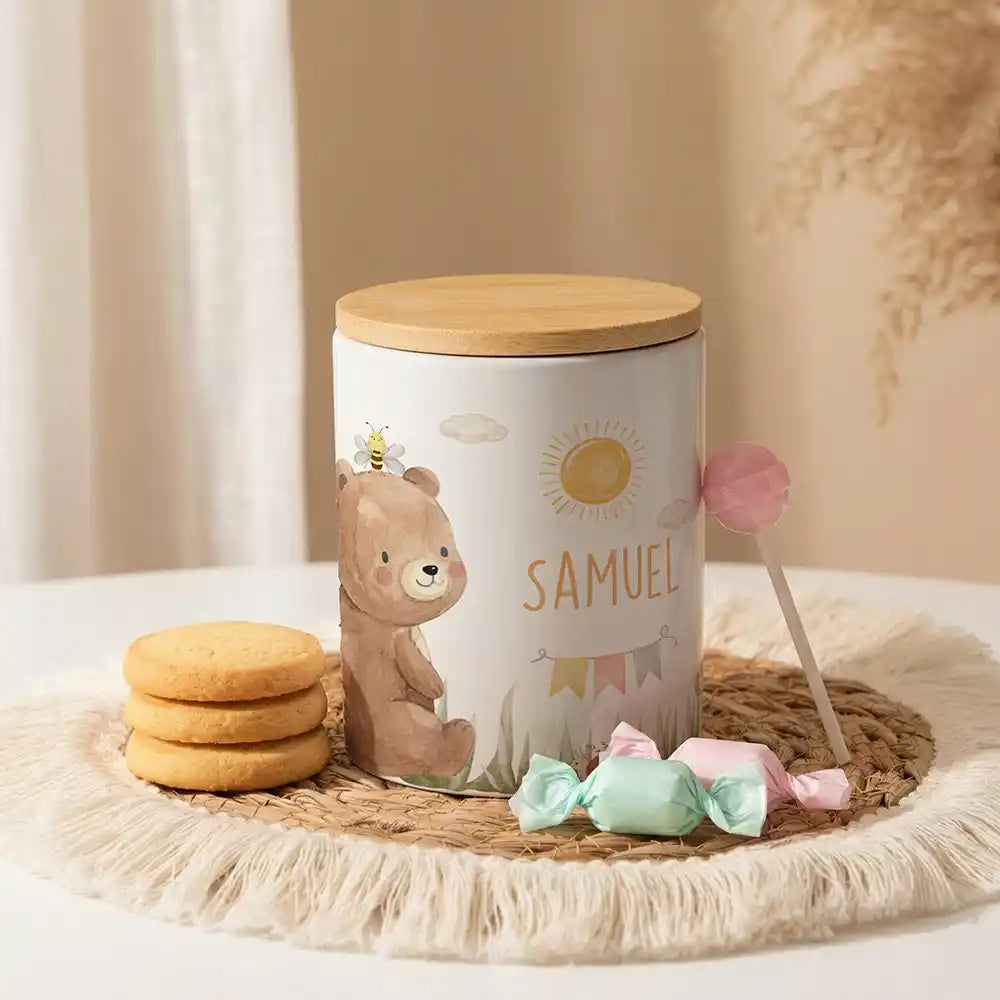 Personalisierte Keksdose Bär Sommer aus Keramik mit Bambusdeckel - Wunschname - kidsmuod.com