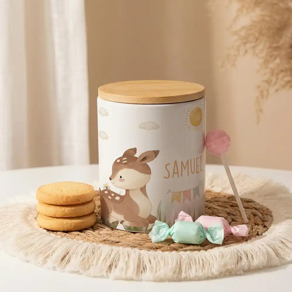 Personalisierte Keksdose Rehkitz Sonne aus Keramik mit Bambusdeckel - Wunschname - kidsmuod.com