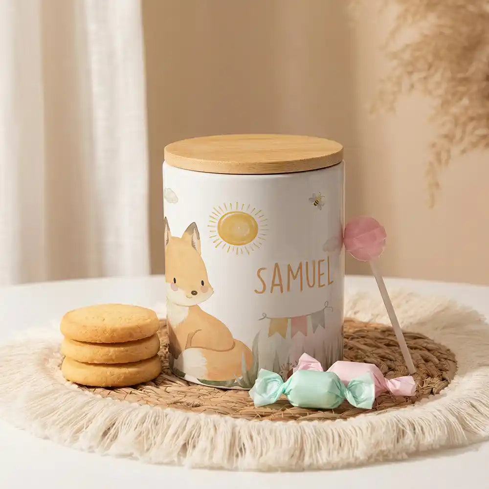Personalisierte Keksdose Fuchs Sommer aus Keramik mit Bambusdeckel - Wunschname - kidsmuod.com