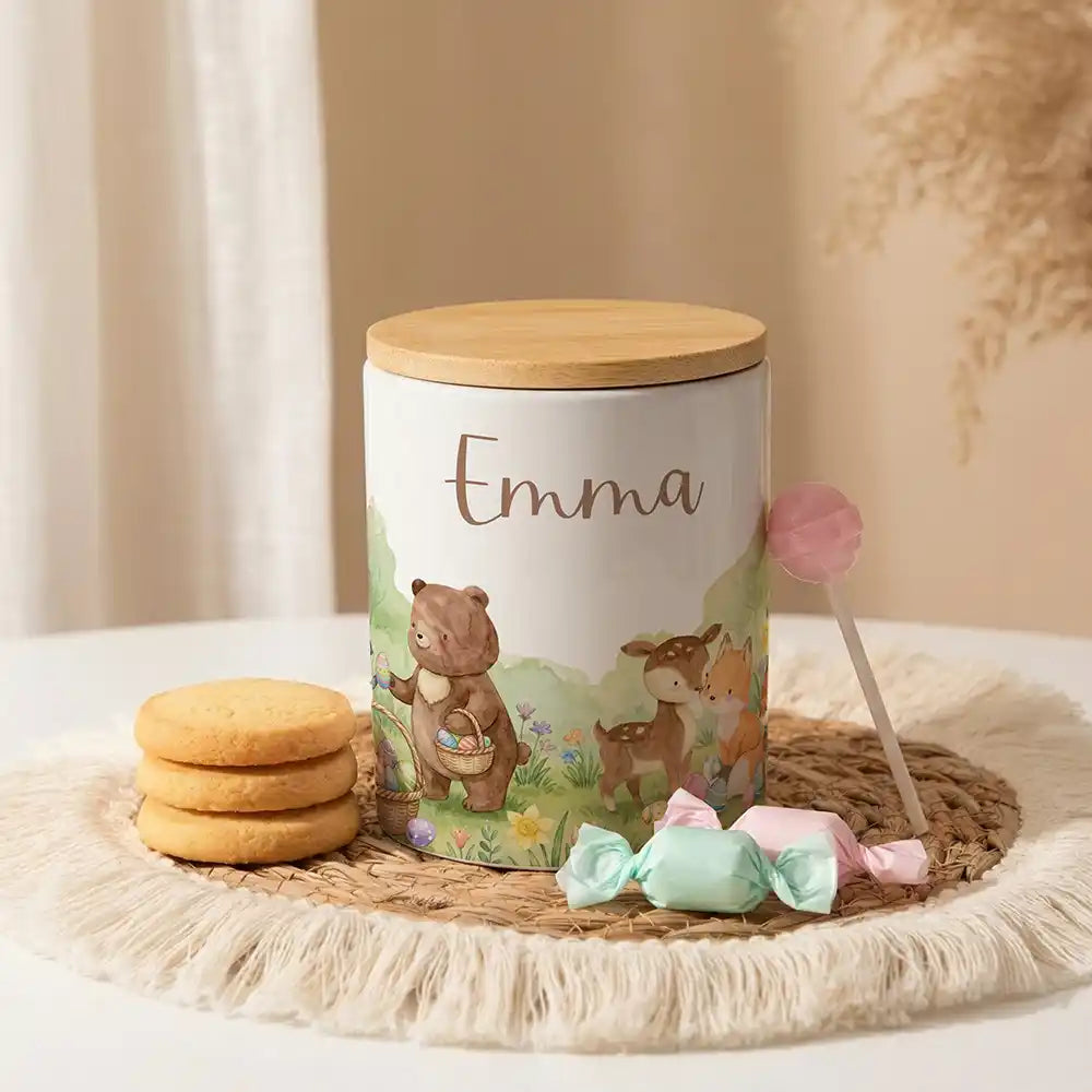 Personalisierte Keksdose Ostern Bärenfamilie aus Keramik mit Bambusdeckel - Wunschname - kidsmuod.com