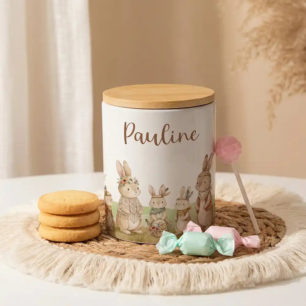Personalisierte Keksdose Boho-Hasen aus Keramik mit Bambusdeckel - Wunschname - kidsmuod.com
